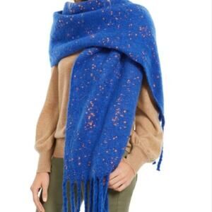 DKNY NEW Blue Orange Speckled Long Fringe Scarf Large Wrap